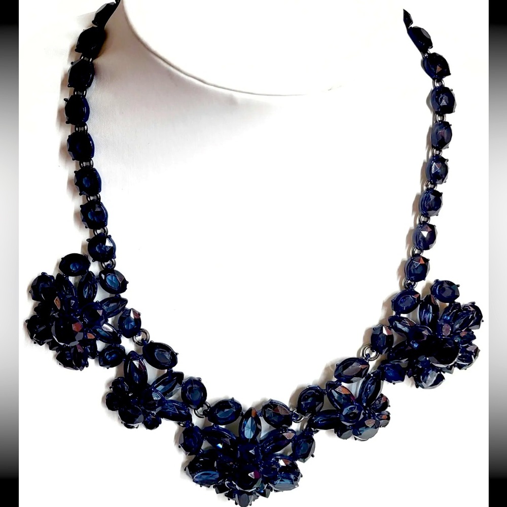 J.Crew Cab Fan Crystal Statement Necklace Navy Blue Semi-Translucent